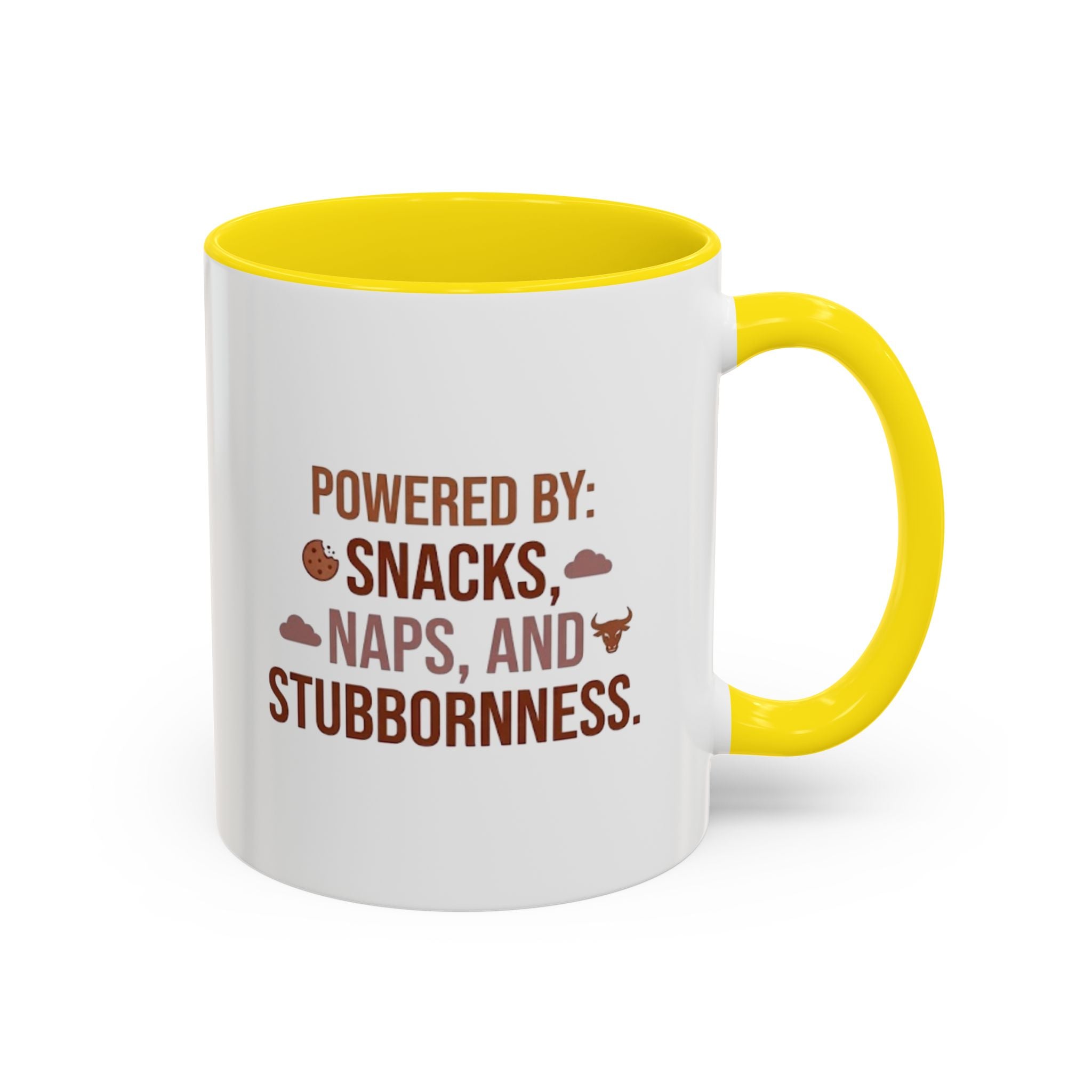Coffee Mug — "Powered by: Snacks, Naps, and Stubbornness" Ceramic Accent Mug