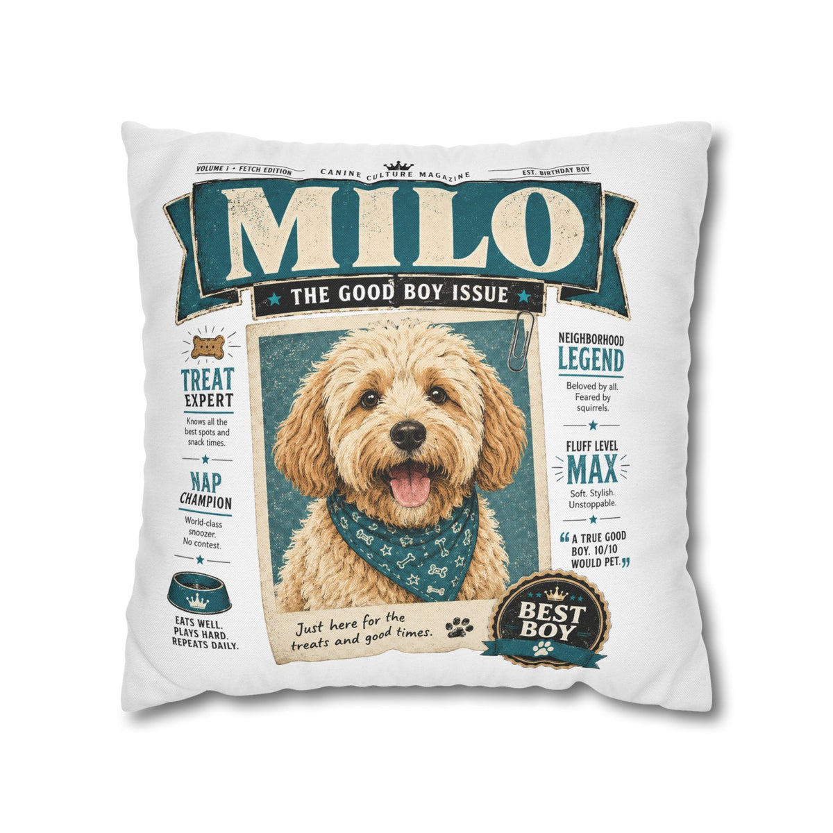 Personalized Dog Pillowcase — "Milo: The Good Boy Issue" Decorative Throw Pillowcase Milo Bailey Dog Dad Mom