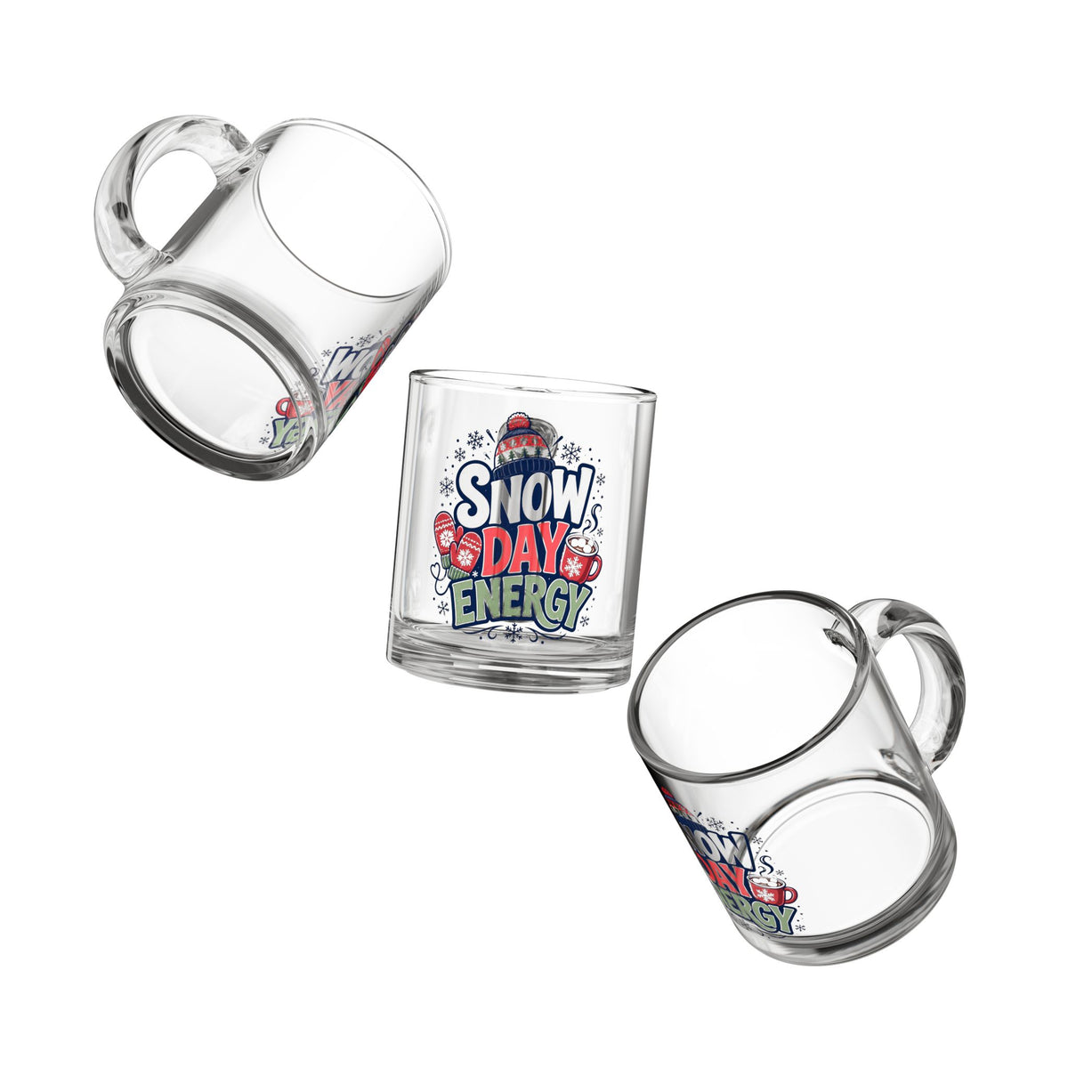 Christmas Glass Mug 10 oz Snow Day Energy Glass Mug — 10oz Winter Coffee Cup