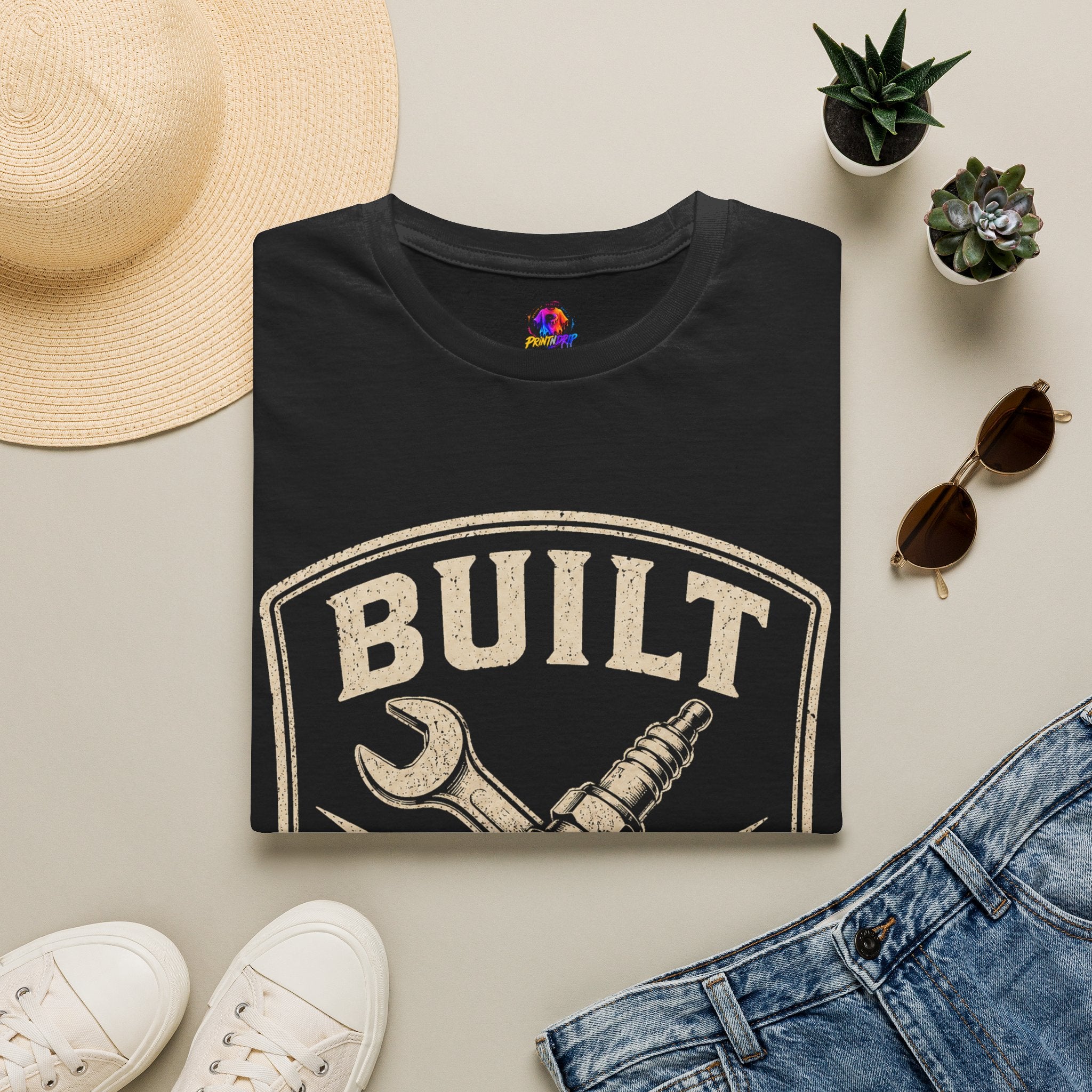 Built Not Bought T-Shirt — Vintage Mechanic Wrench & Spark Plug Design