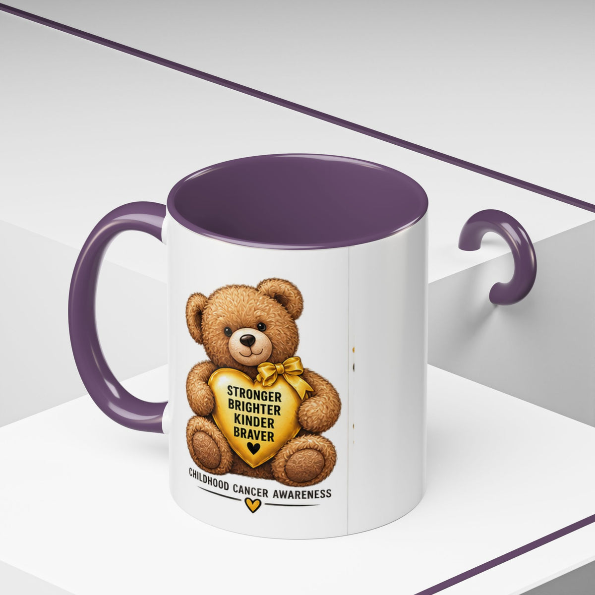 Childhood Cancer Awareness Coffee Mug — 'Stronger Brighter Kinder Braver' Teddy