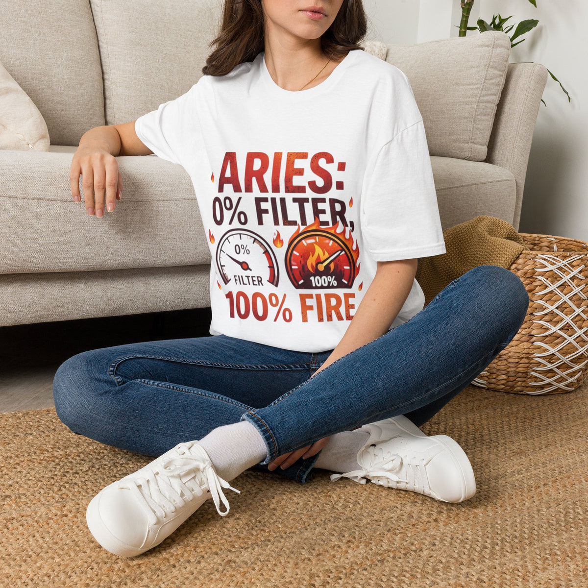 Aries T-Shirt — "Aries: 0% Filter, 100% Fire" Bold Zodiac Tee