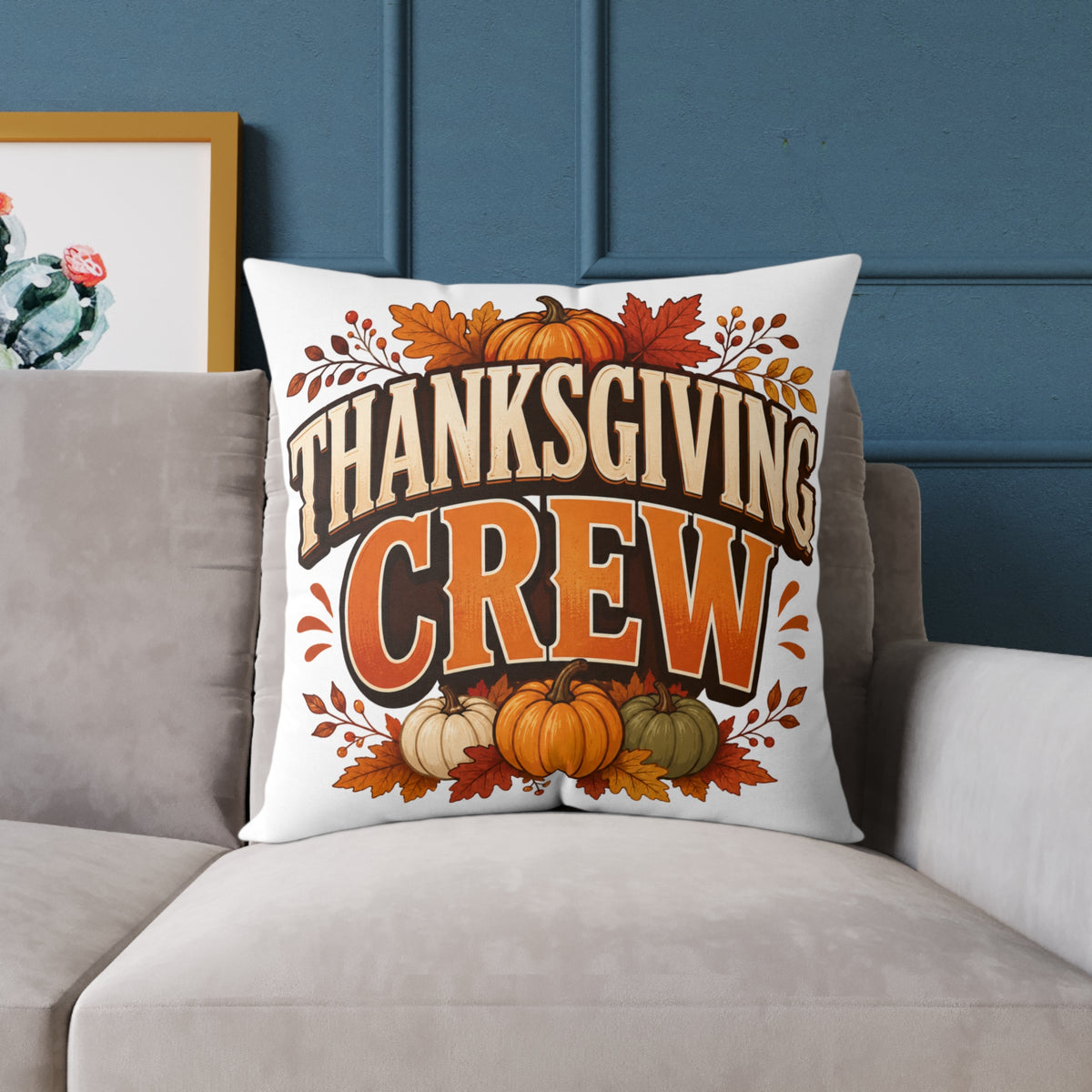Thanksgiving Crew Throw Pillow — Fall Pumpkin Decorative Cushion