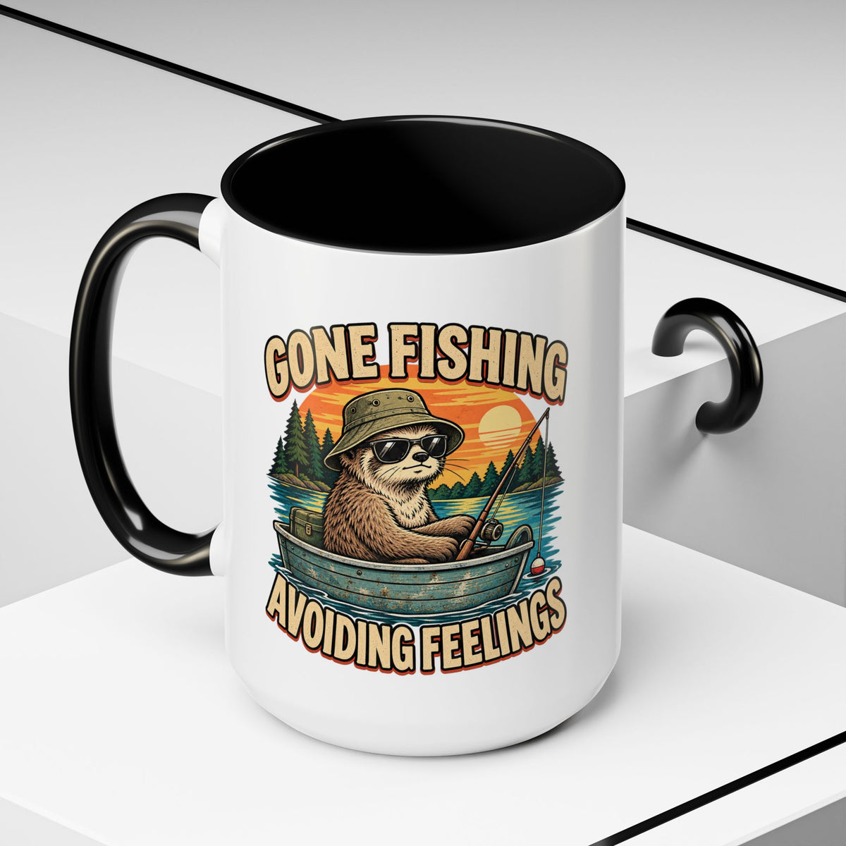 Funny And Witty "Gone Fishing Avoiding Feelings" Accent Coffee Mug (11, 15oz)