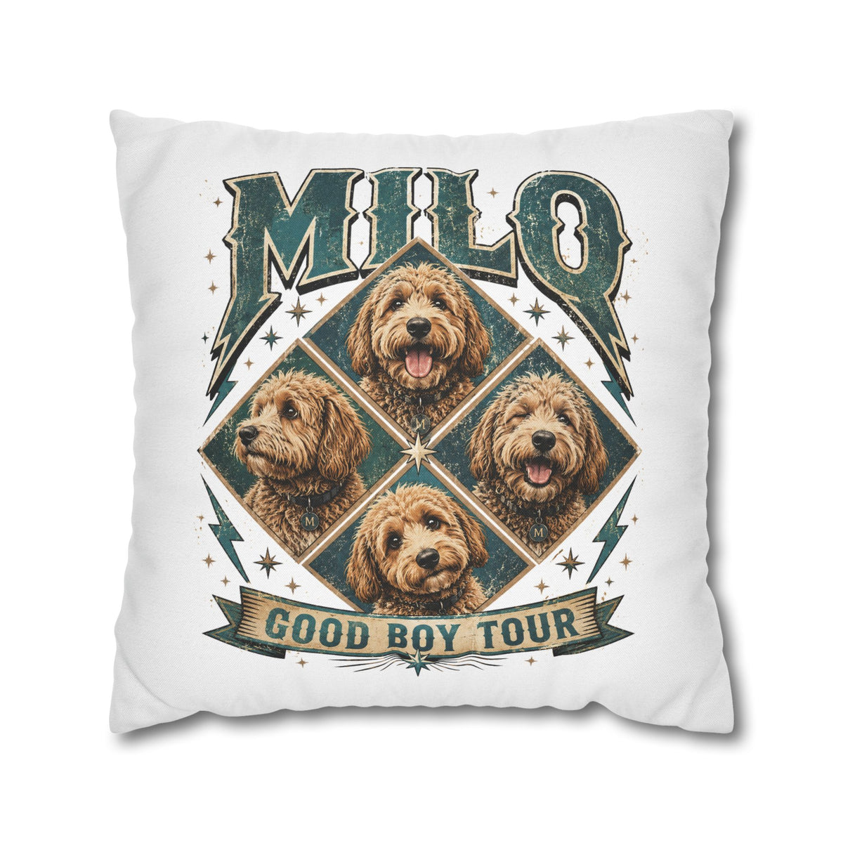 Milo “Good Boy Tour” Dog Photo Square Pillowcase Milo Bailey Dog Dad Mom