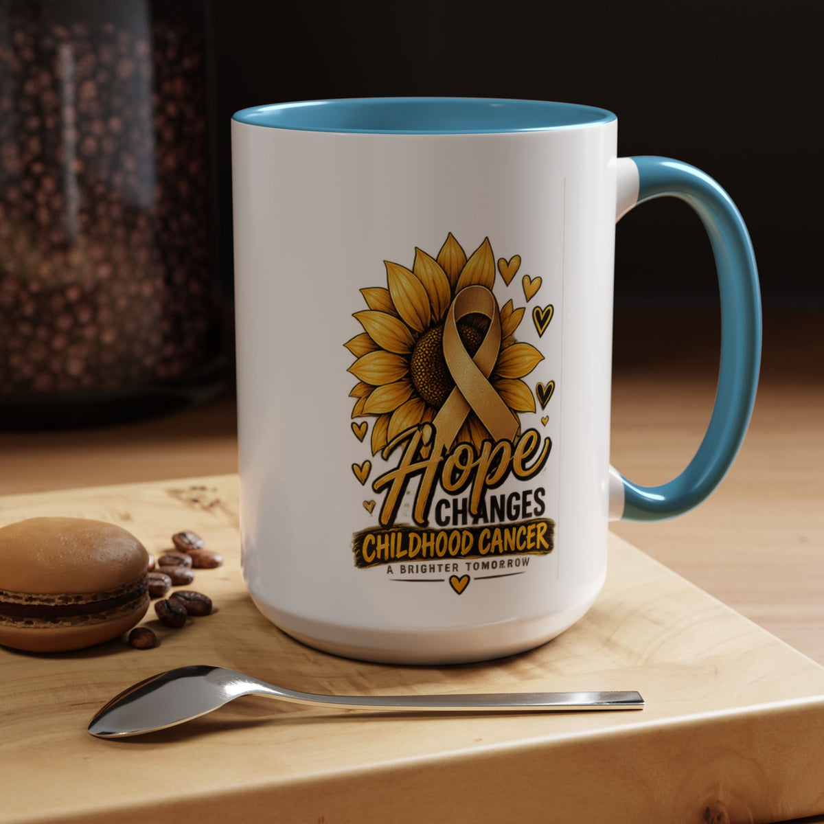 Hope Changes Childhood Cancer Mug – Gold Ribbon Sunflower Accent Coffee Cup (11/15oz)