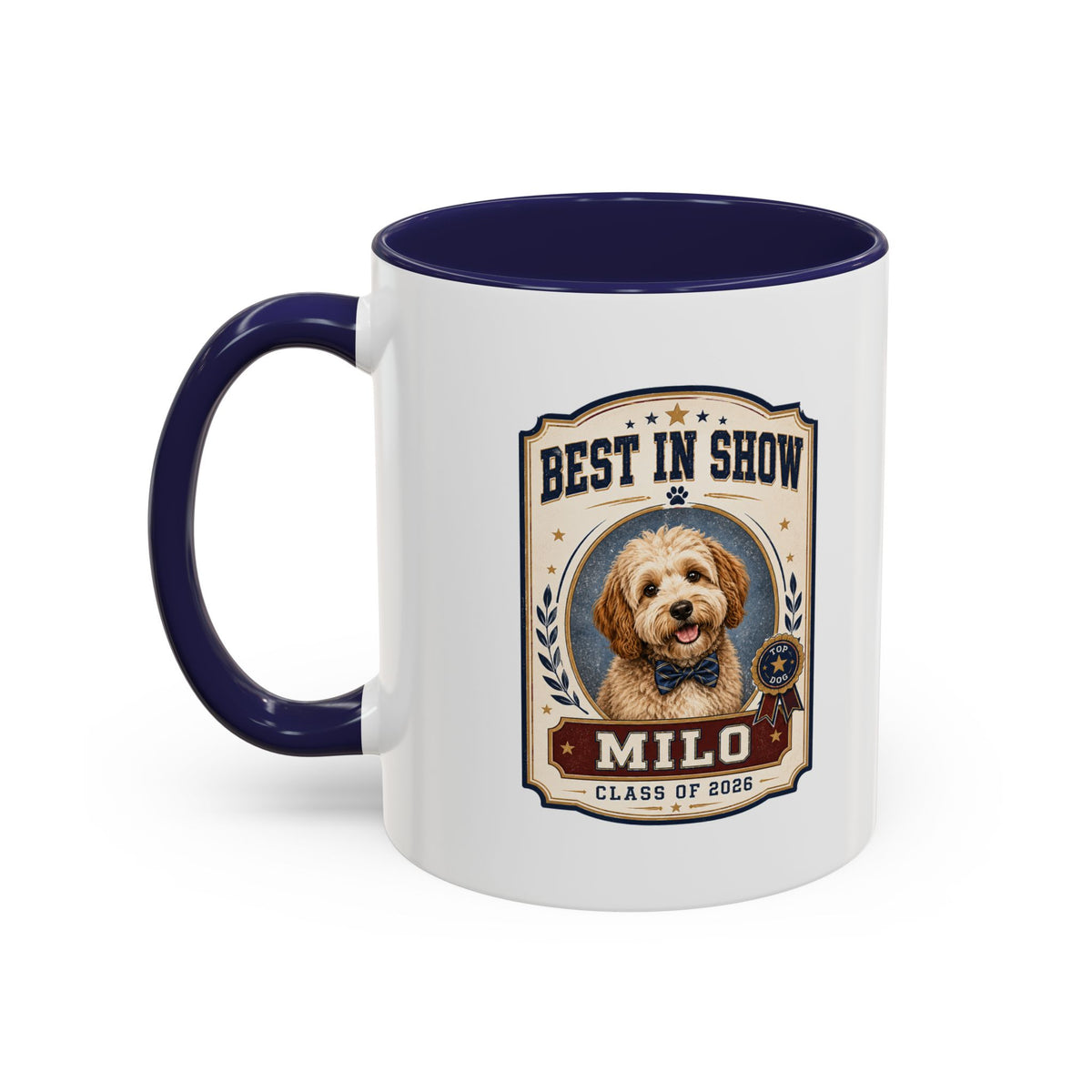 Milo Bailey Dog Dad Mom Best in Show Personalized Dog Mug — "Milo" Class of 2028 Accent Coffee Mug
