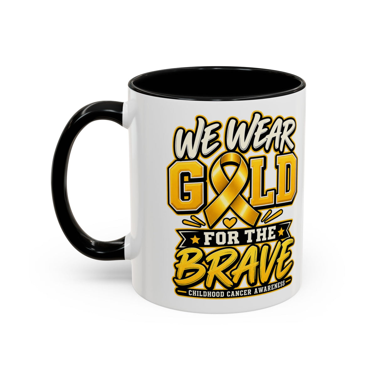 Childhood Cancer Awareness Accent Coffee Mug – "We Wear Gold for the Brave" (11/15 oz)