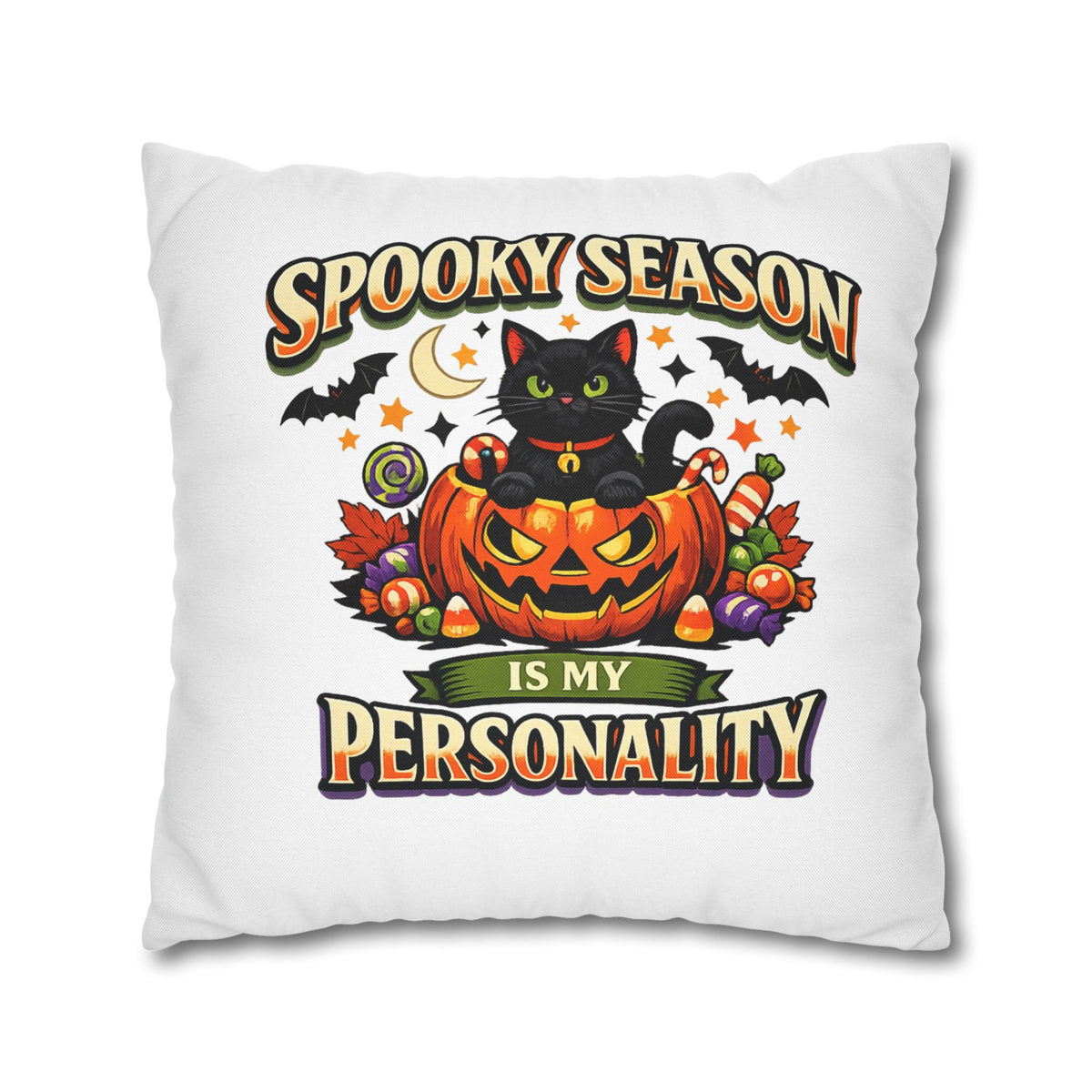 Halloween Pillowcase — "Spooky Season Is My Personality" Black Cat Pumpkin Decorative Pillow