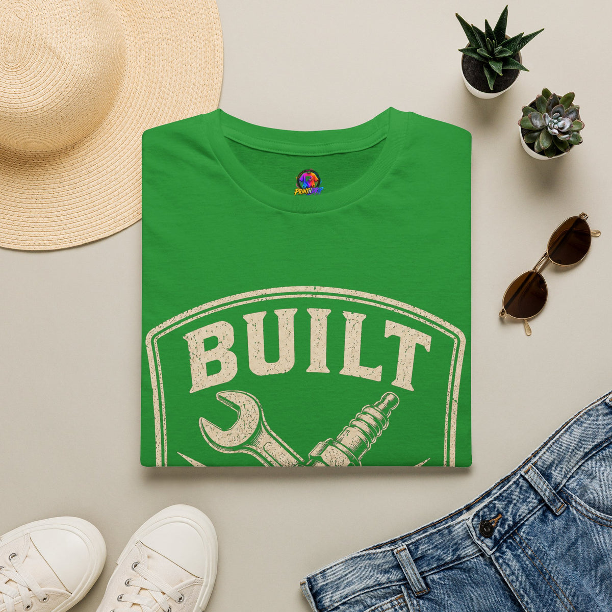 Built Not Bought T-Shirt — Vintage Mechanic Wrench & Spark Plug Design