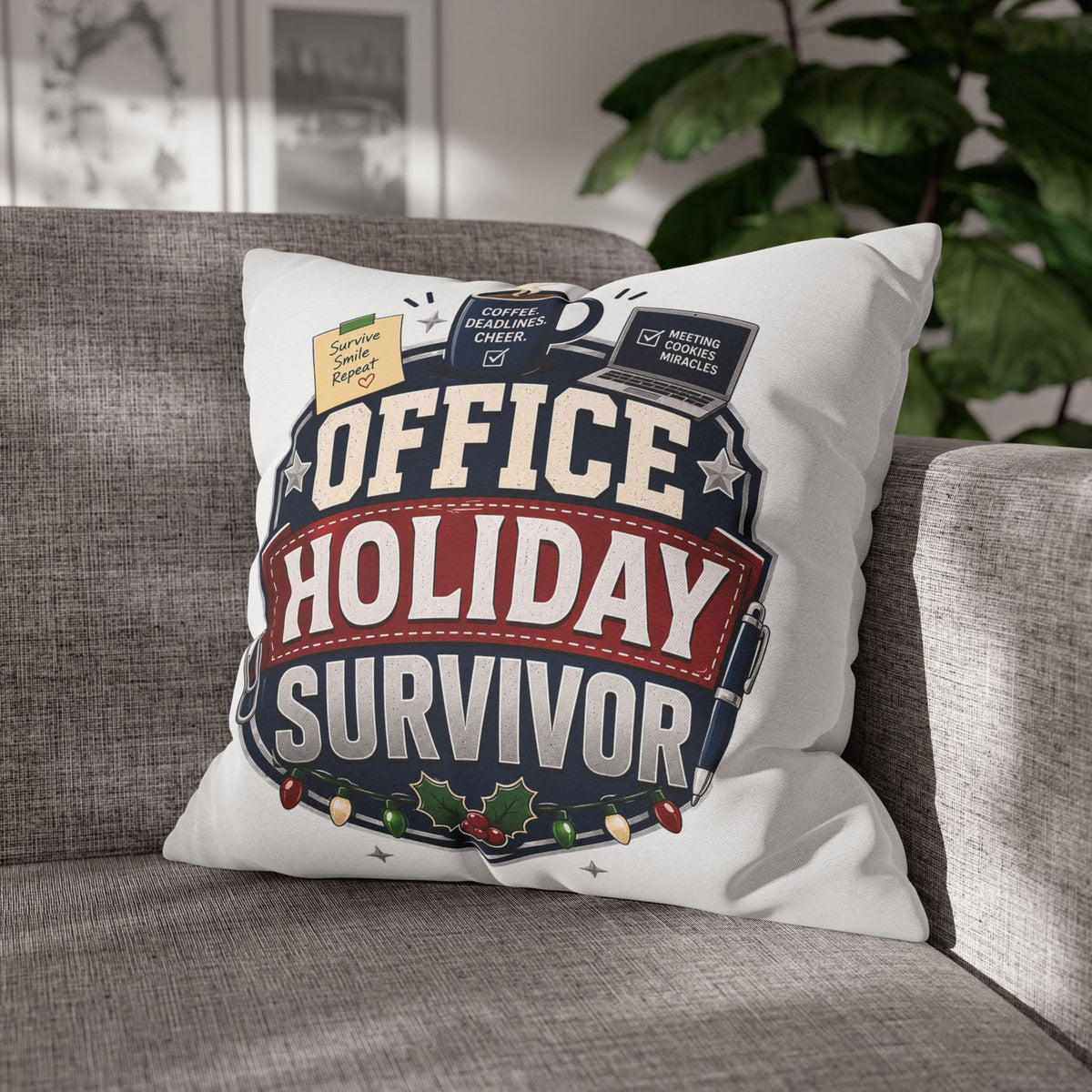 Office Holiday Survivor Pillowcase Modern Day Christmas  - Funny Workplace Christmas Decor