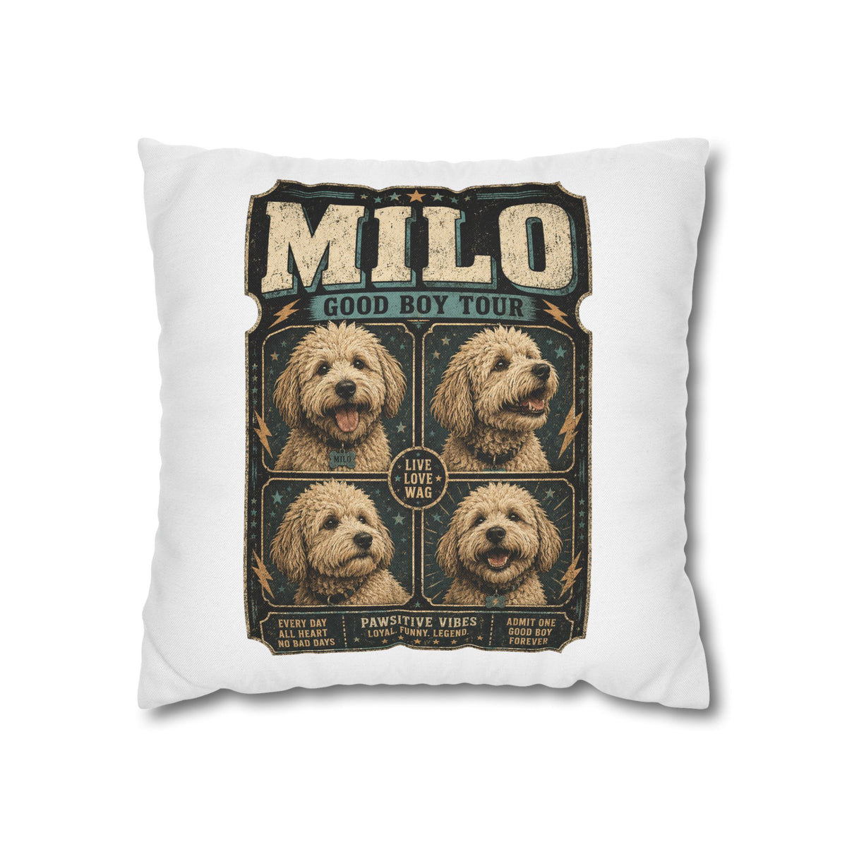Milo "Good Boy Tour" Square Pillowcase — Cute Dog Portrait Decorative Pillowcase Milo Bailey Dog Dad Mom