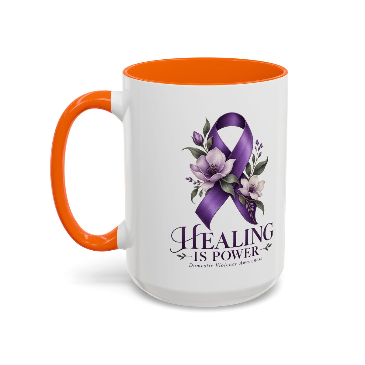 Healing Is Power Purple Ribbon Coffee Mug — Domestic Violence Awareness Accent Mug (11/15oz)