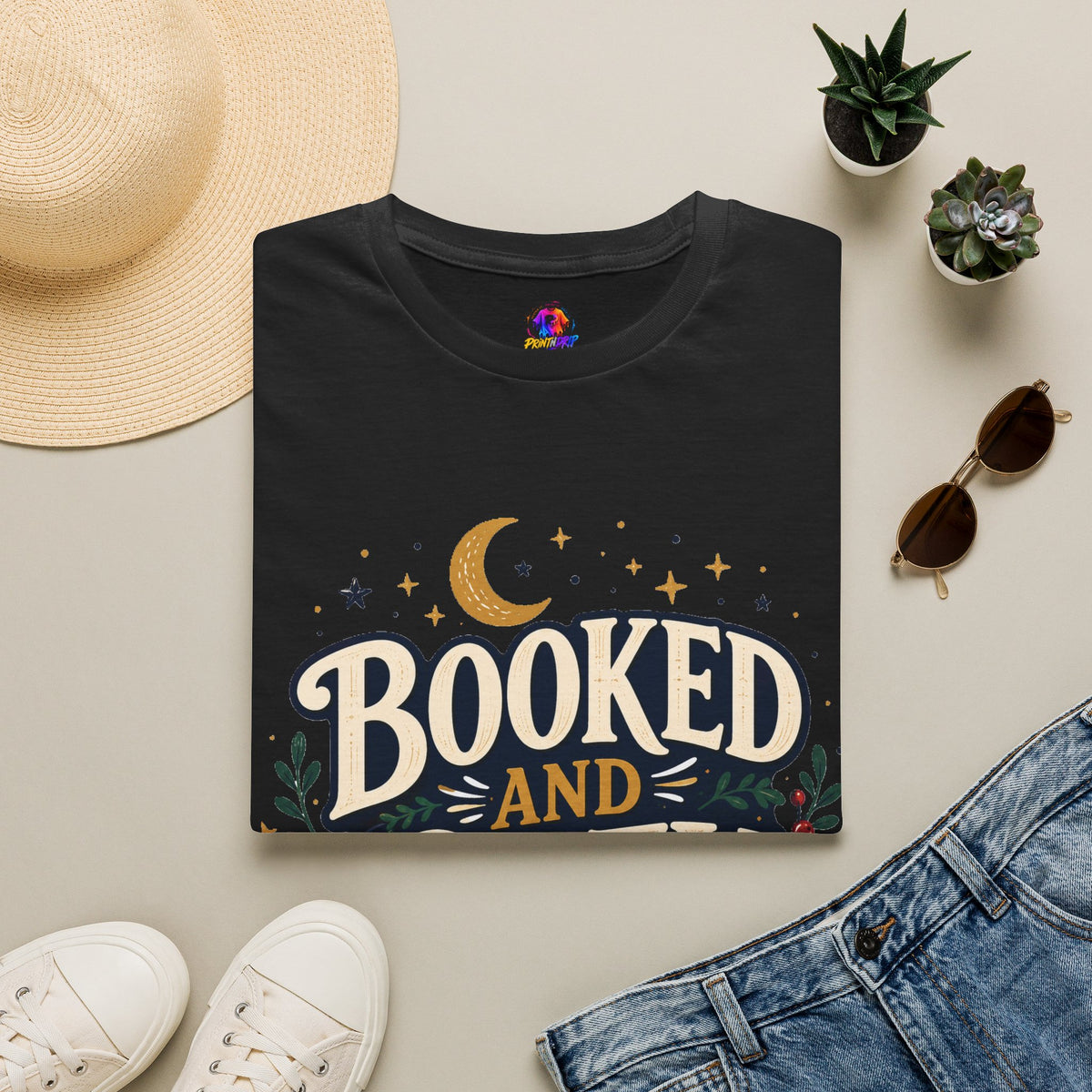 Booked and Cozy T-Shirt — Cozy Reading Graphic Tee (Books, Moon & Stars)