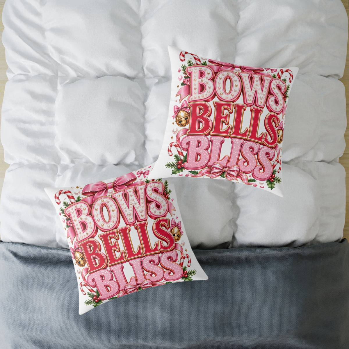 Bows Bells Bliss Modern Day Christmas Square Poly Canvas Pillow
