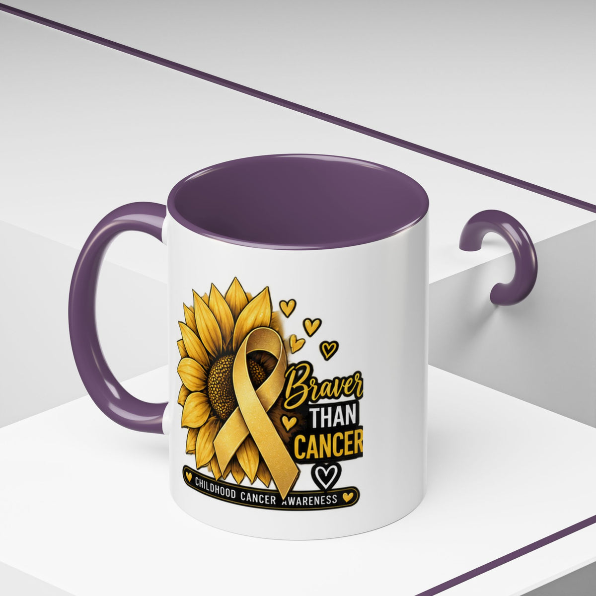 Childhood Cancer Awareness Mug — "Braver Than Cancer" Sunflower & Gold Ribbon