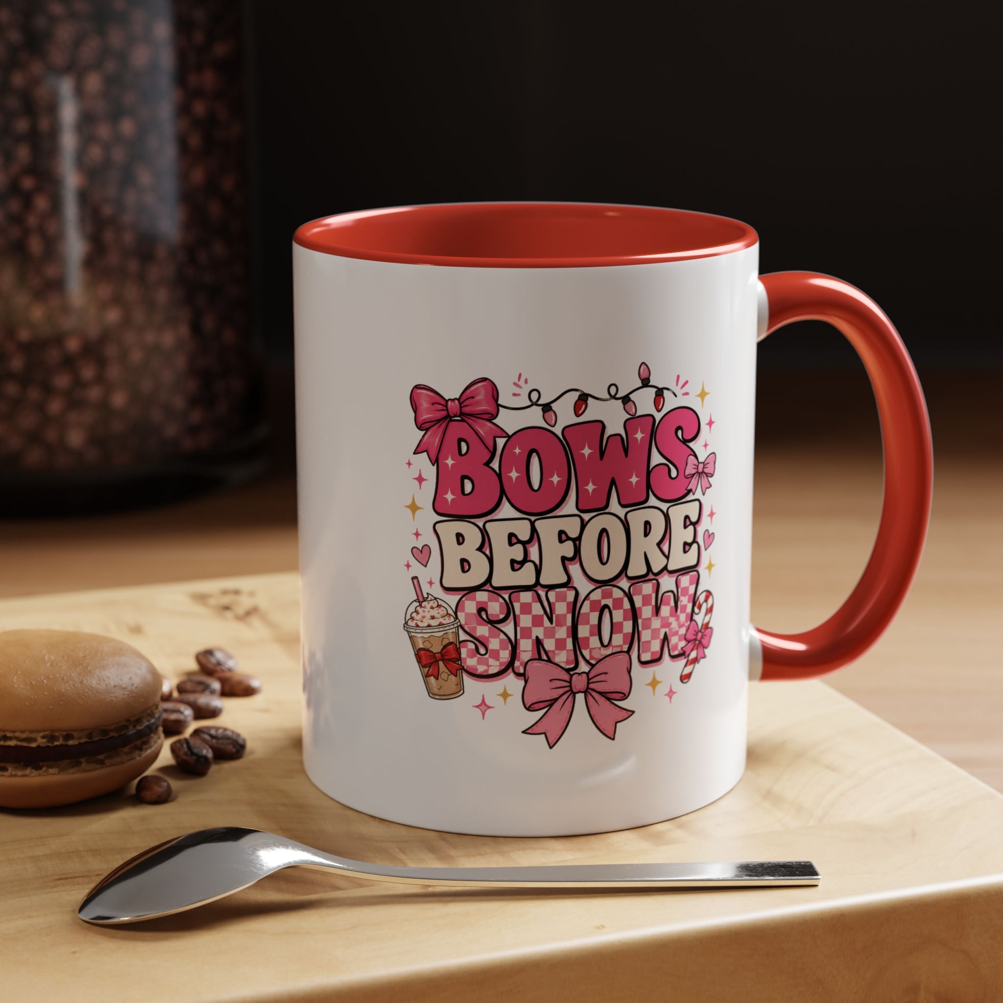Modern Day Christmas Bows Before Snow Accent Coffee Mug — Cute Pink Holiday Hot Cocoa Design (11/15oz)