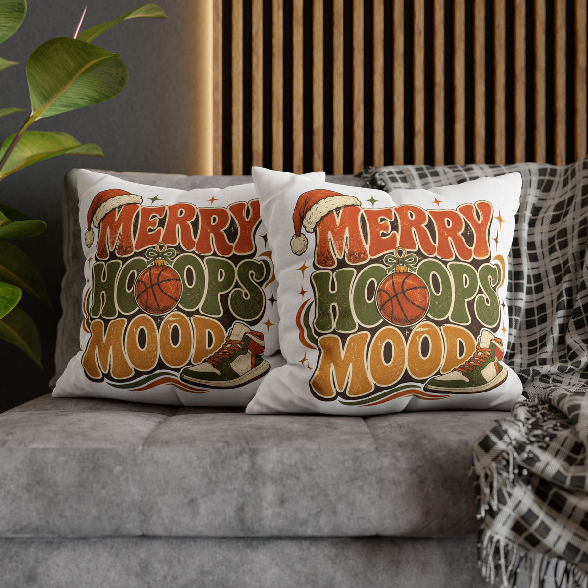 Merry Hoops Mood Holiday Pillowcase Modern Day Christmas  — Basketball Christmas Decorative Throw Pillowcase