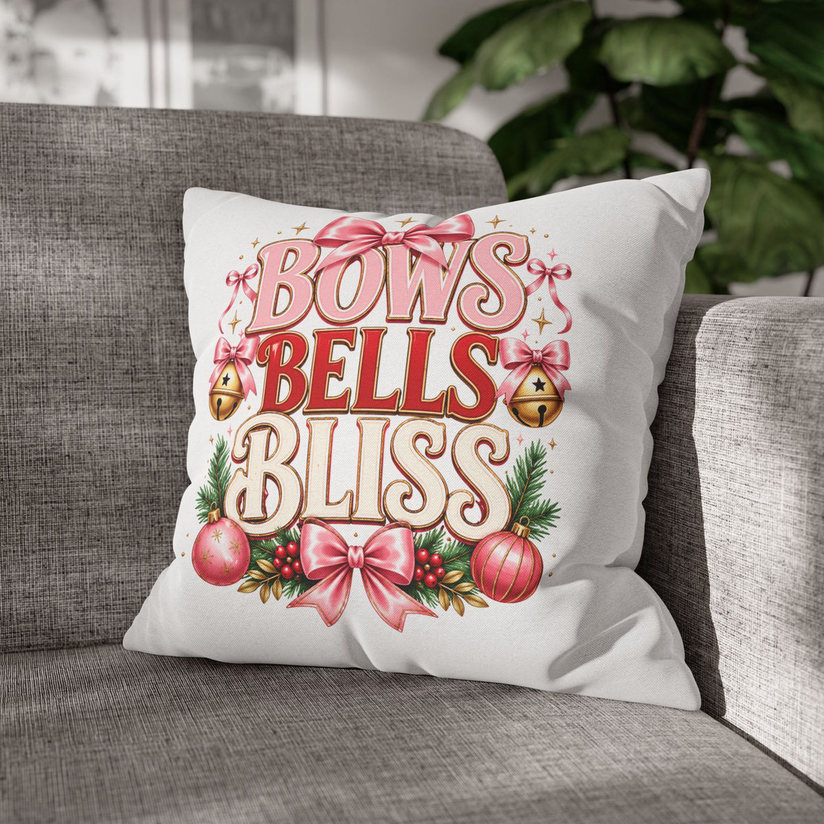 Christmas Bows Bells Bliss Decorative Pillowcase — Pink Christmas Holiday Throw Pillow Cover