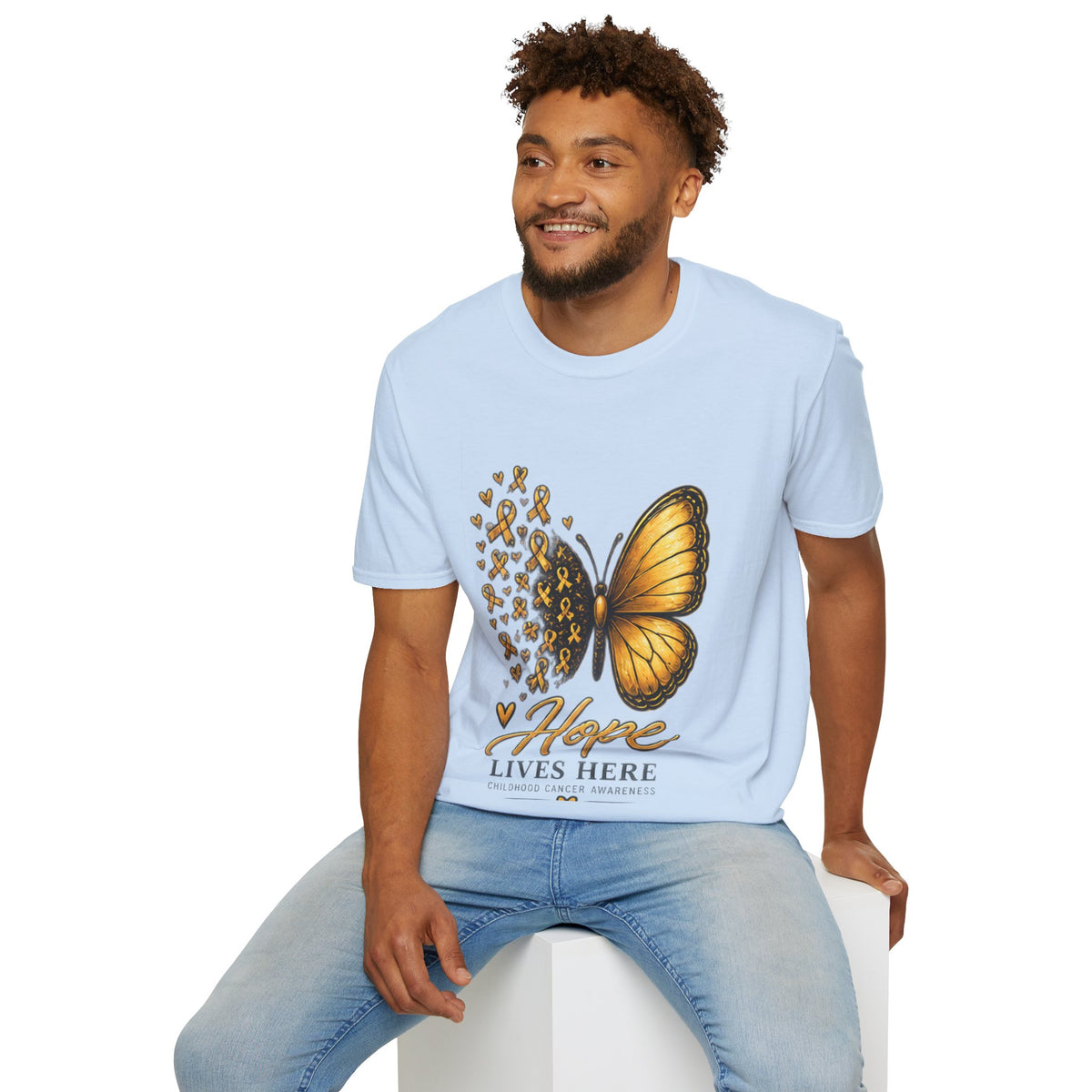 Hope Lives Here Gold Ribbon Butterfly Childhood Cancer Awareness T-Shirt