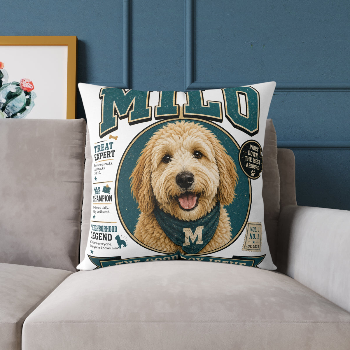 Personalized Dog Portrait Pillow — Milo Bailey Dog Dad Mom  'Milo' Vintage Pet Photo Square Throw Pillow