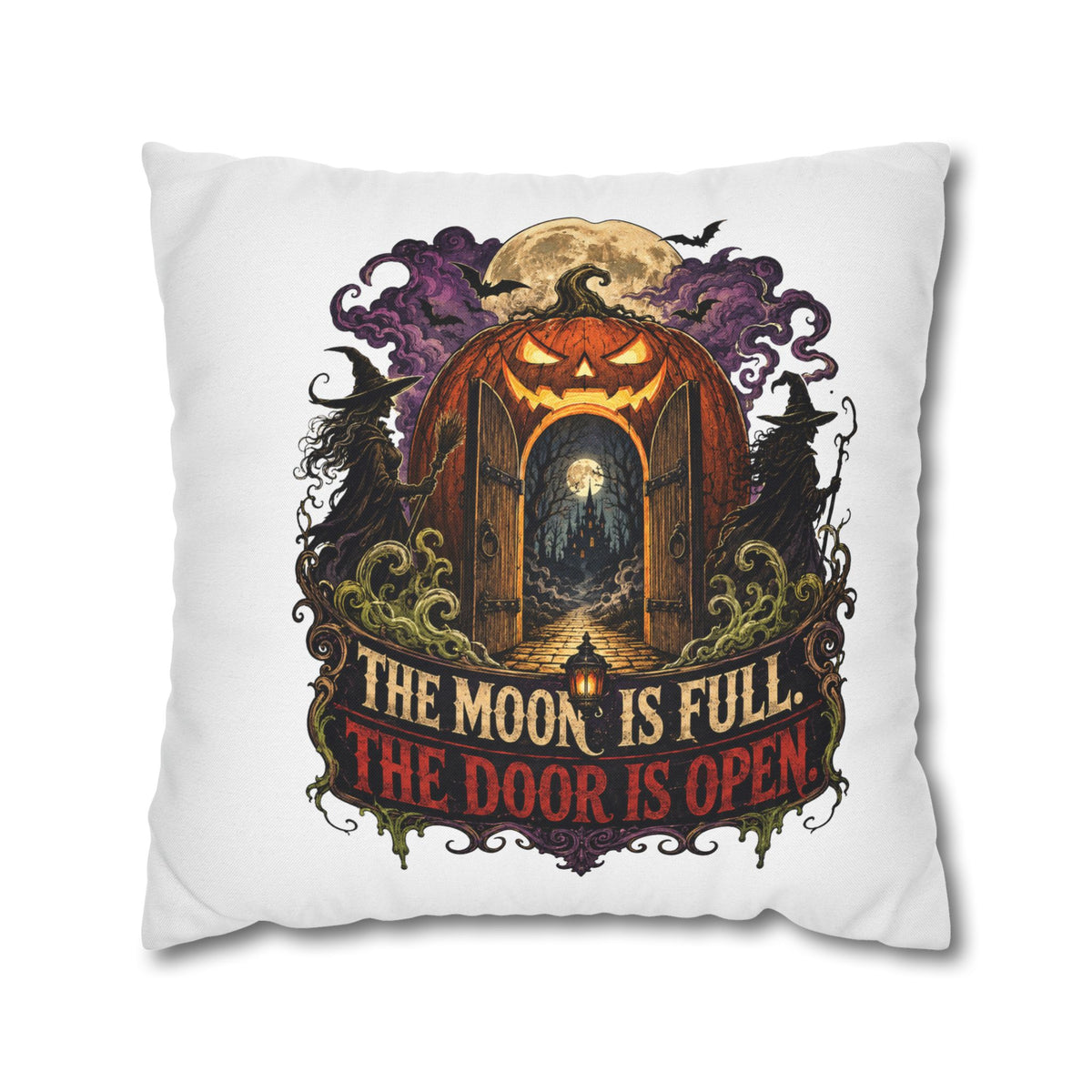 Halloween Pumpkin Door Pillowcase - "The Moon Is Full, The Door Is Open" Spun Polyester Throw Pillow