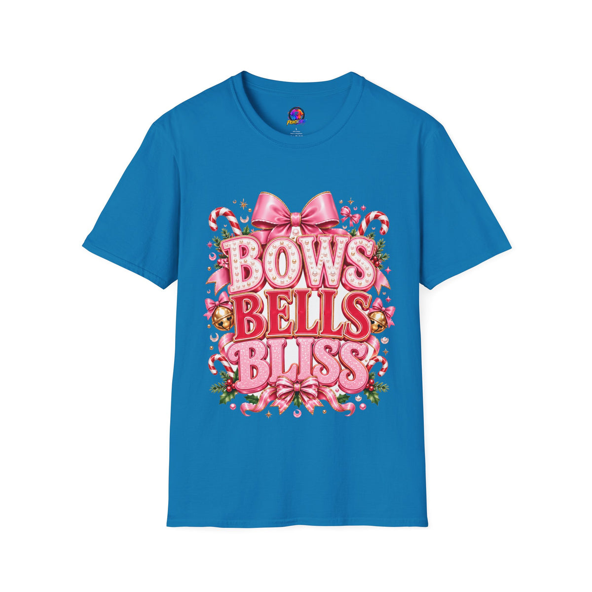 Bows Bells Bliss Christmas T‑Shirt — Pink Holiday Bow Graphic