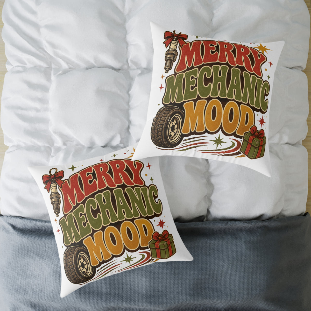 Modern Day Christmas Merry Mechanic Mood Pillow - Christmas Car Mechanic Holiday Throw Pillow