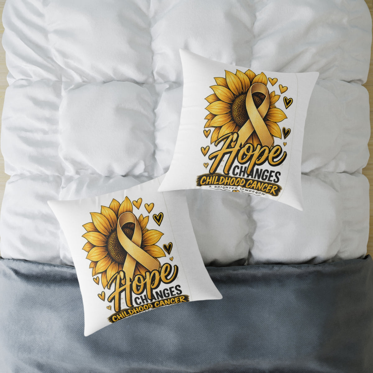 Childhood Cancer Awareness Pillow — 'Hope Changes' Sunflower Ribbon Square Throw Pillow