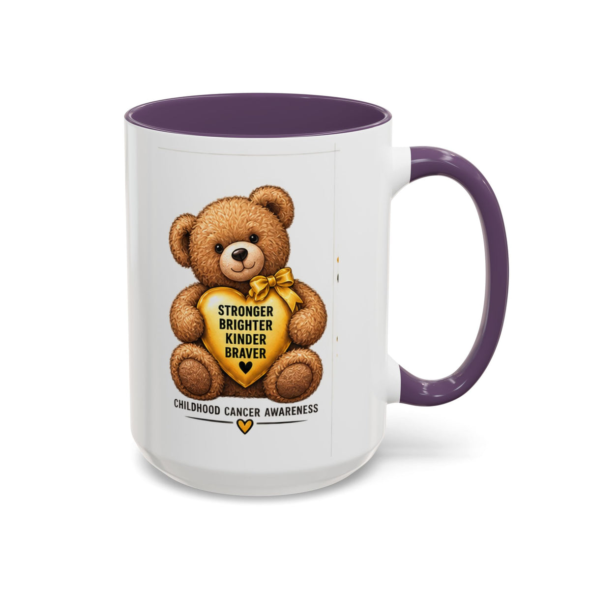 Childhood Cancer Awareness Coffee Mug — 'Stronger Brighter Kinder Braver' Teddy