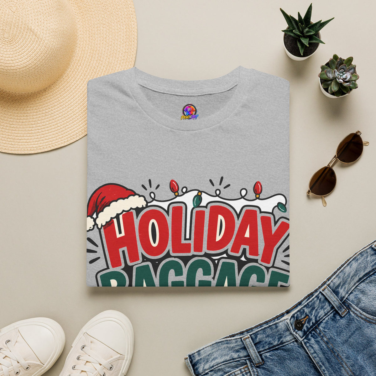 Holiday Baggage Claim T-Shirt — Funny Christmas Vacation Tee with Santa Hat & Lights