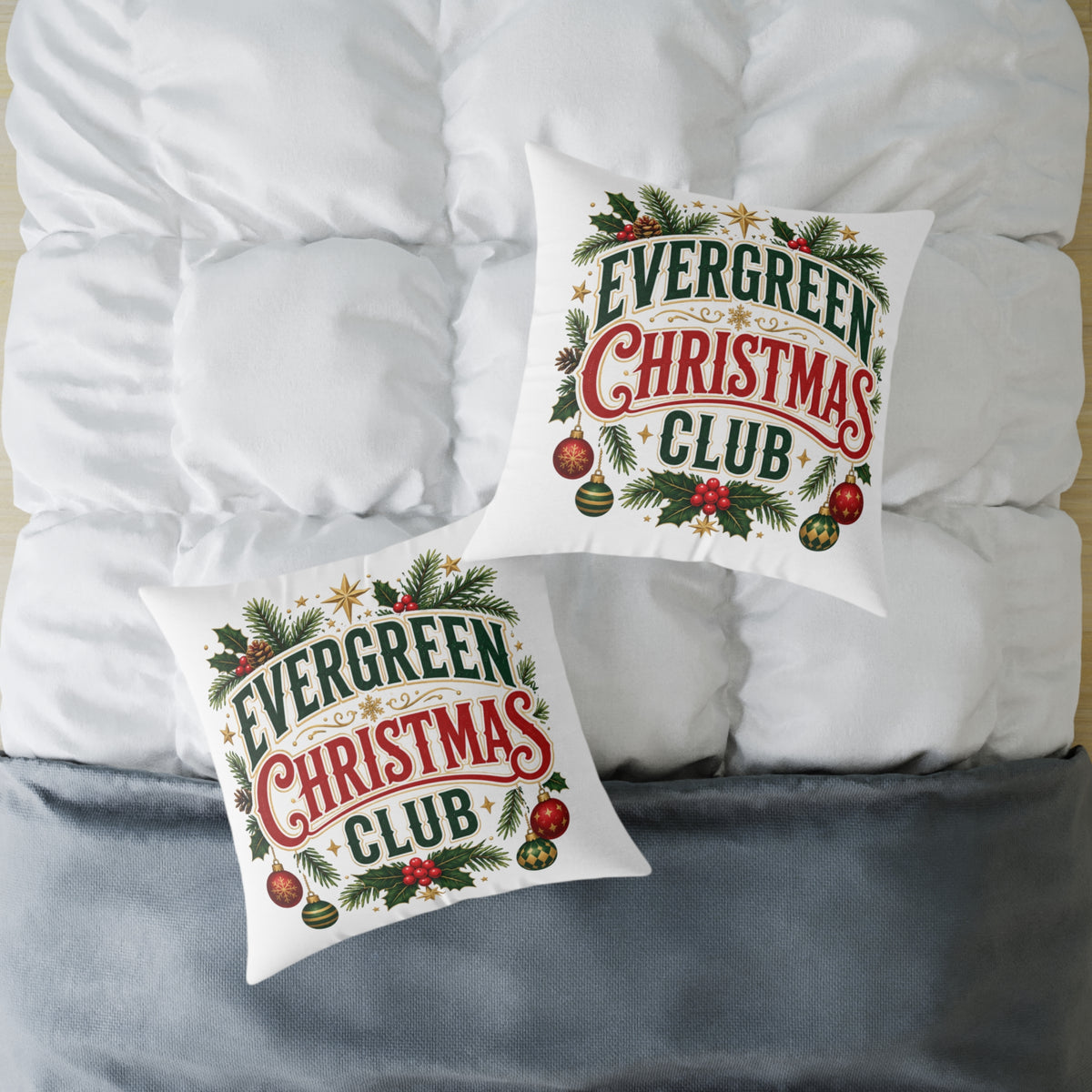 Evergreen Christmas Club Holiday Throw Pillow — Festive Pine Wreath Decorative Pillow