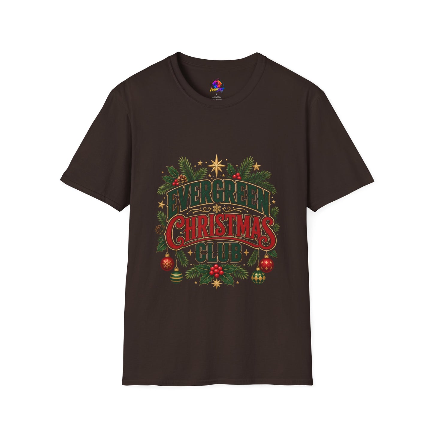 Evergreen Christmas Club T-Shirt — Vintage Holiday Pine & Ornaments Tee