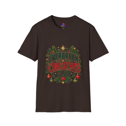 Evergreen Christmas Club T-Shirt — Vintage Holiday Pine & Ornaments Tee