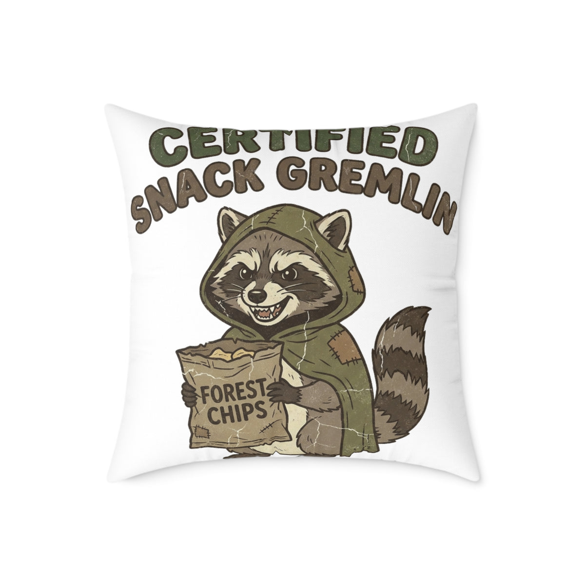Funny Certified Snack Gremlin Raccoon Pillow — Cute Animal Snack Lover Throw Pillow