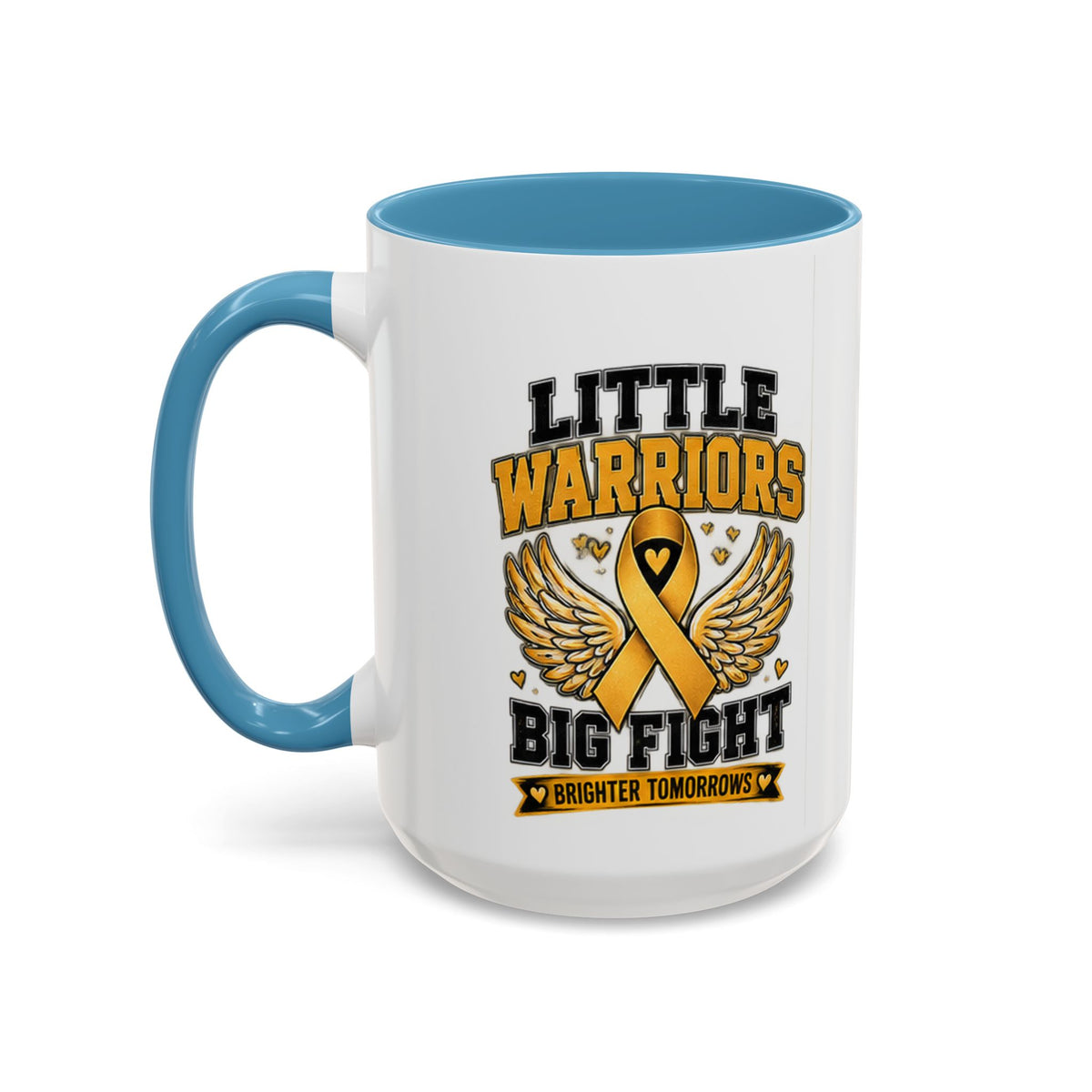 Little Warriors Big Fight Childhood Cancer Awareness Coffee Mug — Gold Ribbon Support Accent Mug