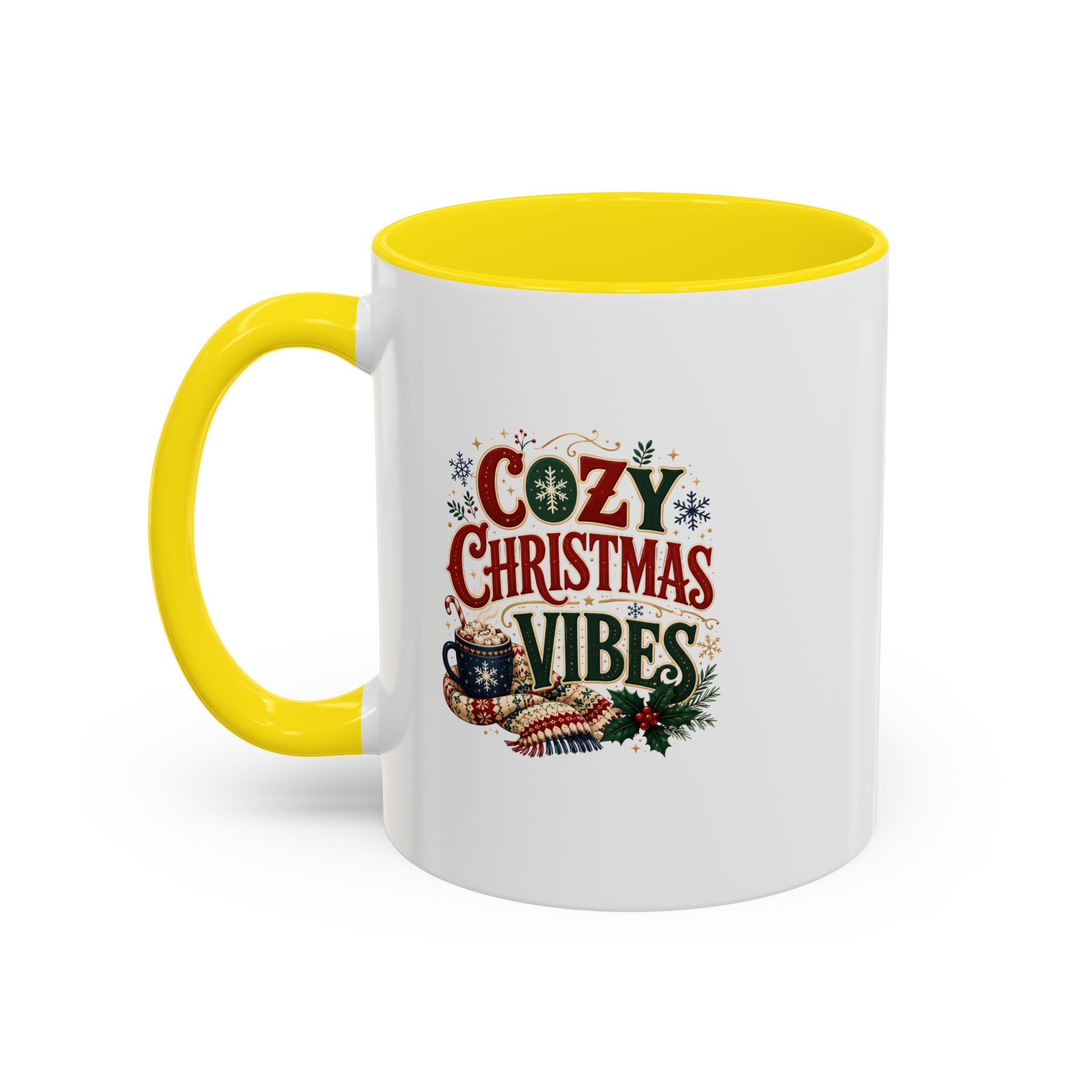 Cozy Christmas Vibes Accent Coffee Mug — Holiday Hot Cocoa Mug