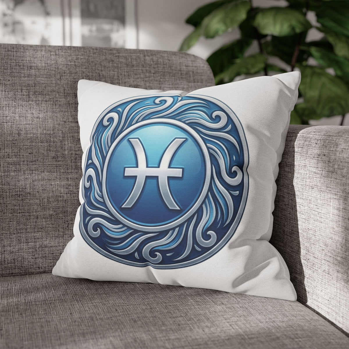 Pisces Zodiac Pillow Cover — Blue Astrological Symbol Decorative Throw Pillowcase