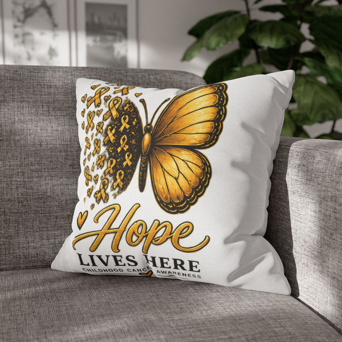 Childhood Cancer Awareness Pillow – "Hope Lives Here" Gold Ribbon Butterfly Square Pillowcase