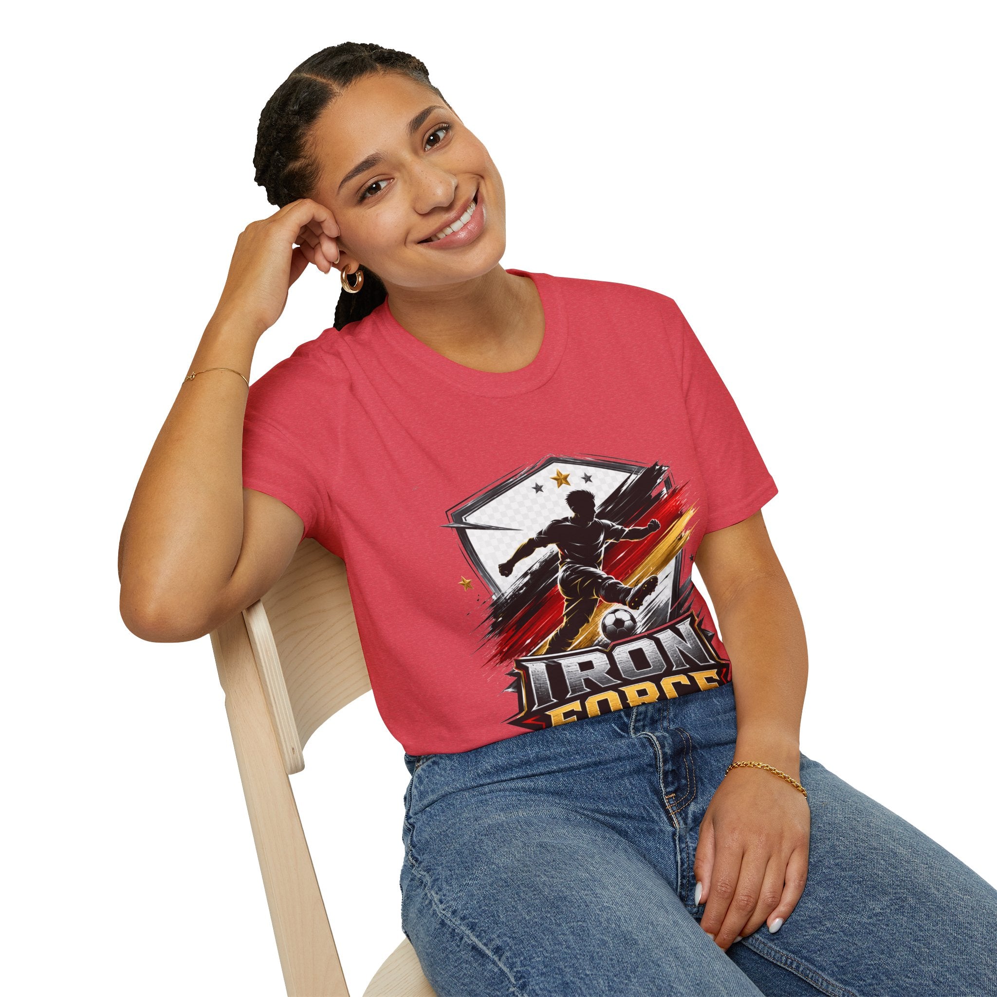Germany Soccer 'Iron Force' Graphic T-Shirt — Player Silhouette with Red & Gold Brushstroke Emblem