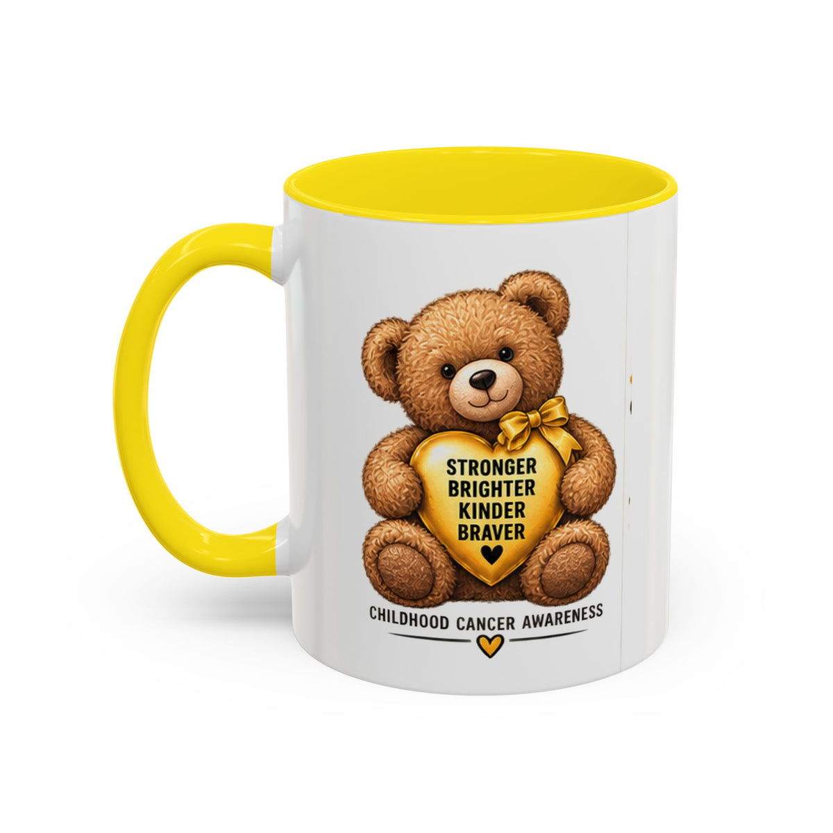 Childhood Cancer Awareness Coffee Mug — 'Stronger Brighter Kinder Braver' Teddy