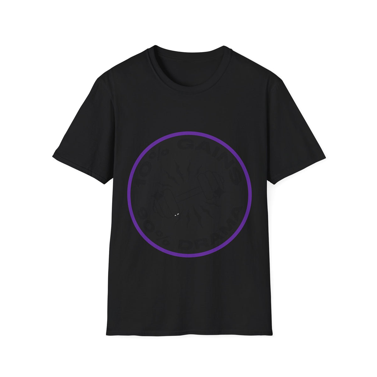 10% Gains 90% Drama Purple Badge T-Shirt - Retro Gym Circle Logo Graphic Tee - Trending Now - September 2026