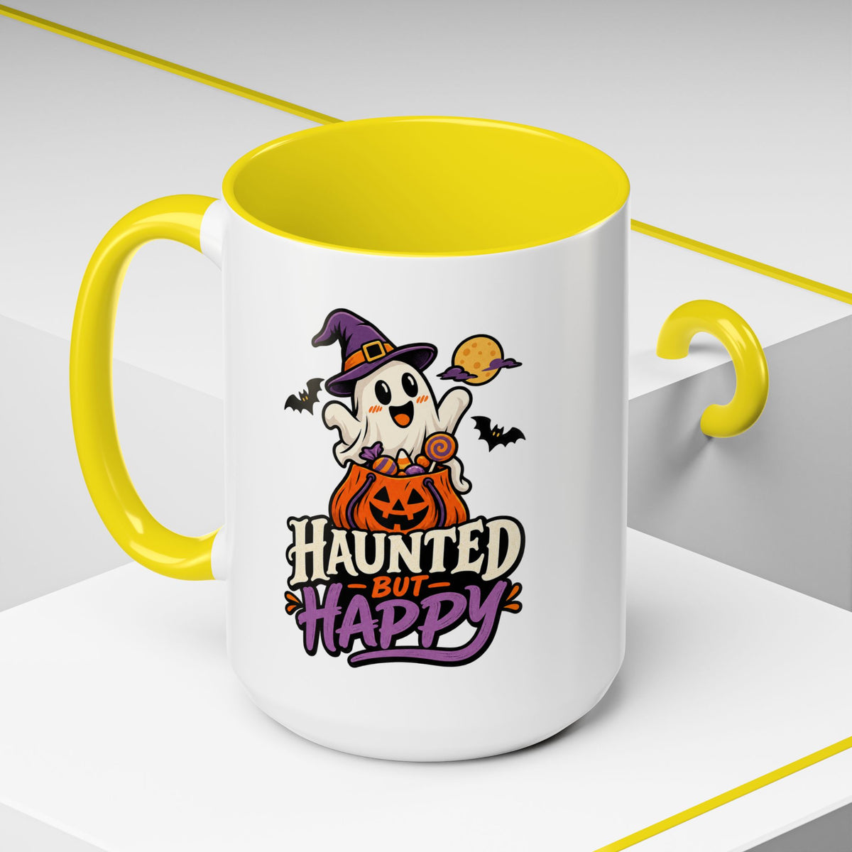 Haunted But Happy Coffee Mug — Halloween Ghost Pumpkin Accent Mug (11/15oz)