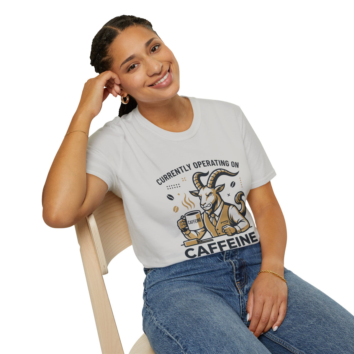 Capricorn T-Shirt — "Currently Operating on Caffeine and Spite" Zodiac Goat Tee
