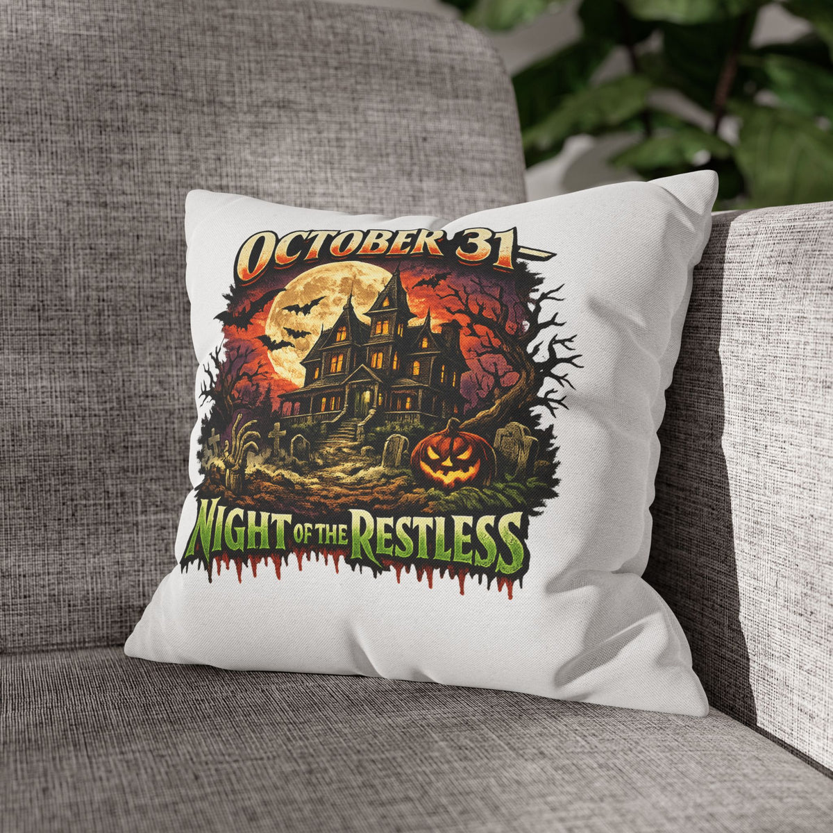 Halloween Pillowcase - "October 31 Night of the Restless" Haunted House Decorative Square Pillow Cover
