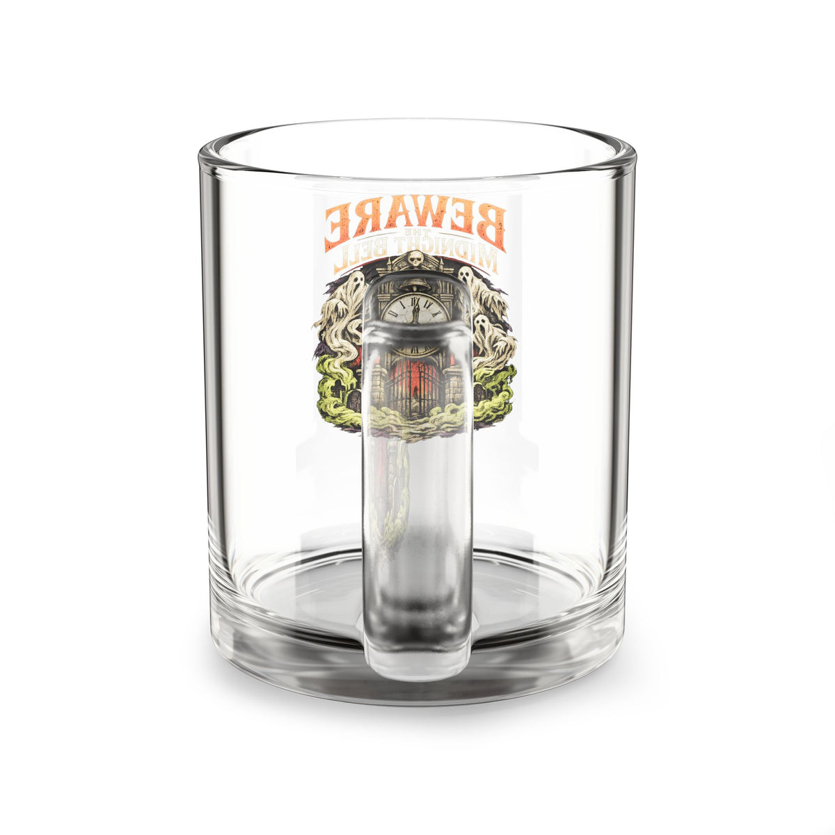 Halloween Glass Mug 10 oz — Beward Midnight Bell Vintage Clock Design (10 oz)