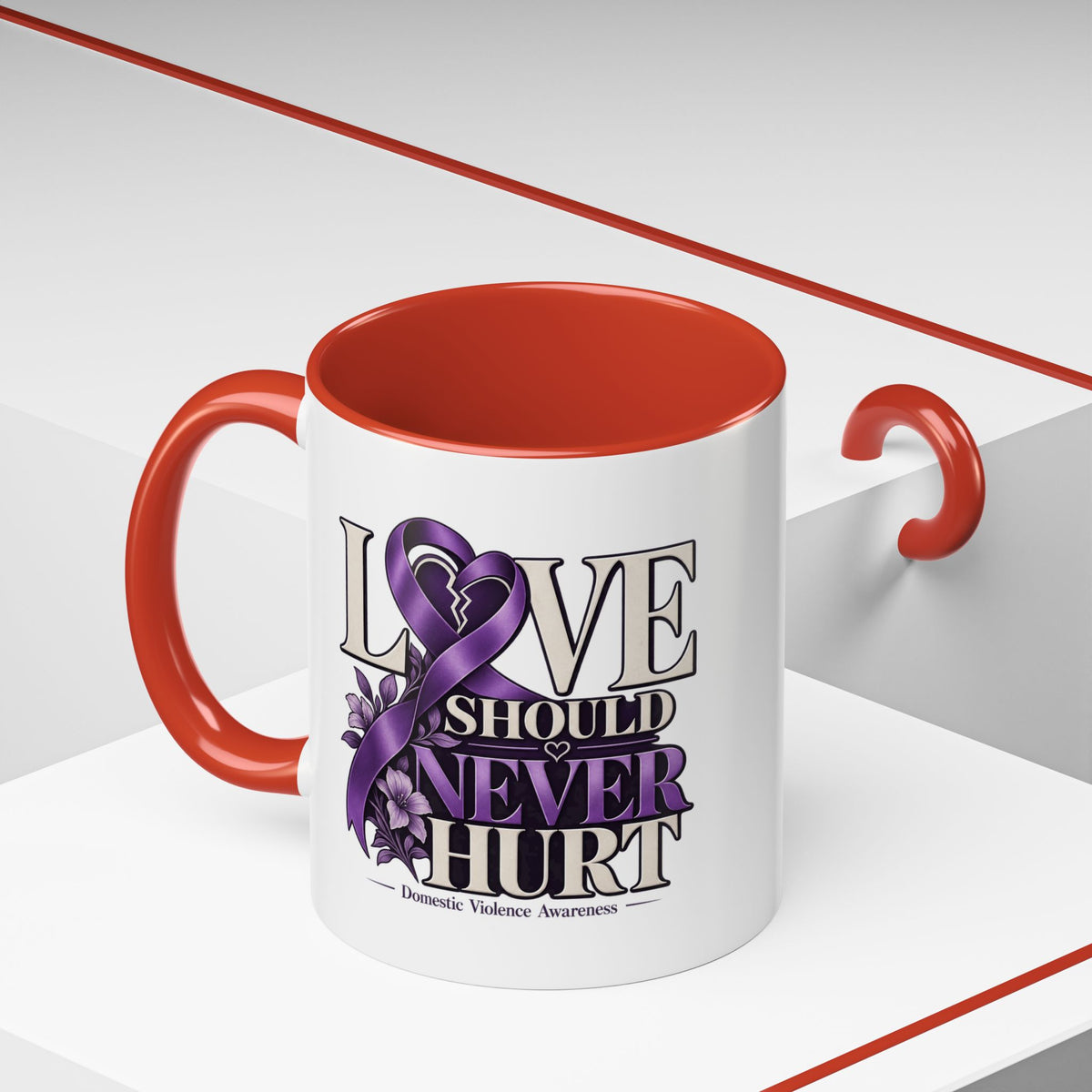 Domestic Violence Awareness Accent Coffee Mug – "Love Should Never Hurt" (11/15oz)