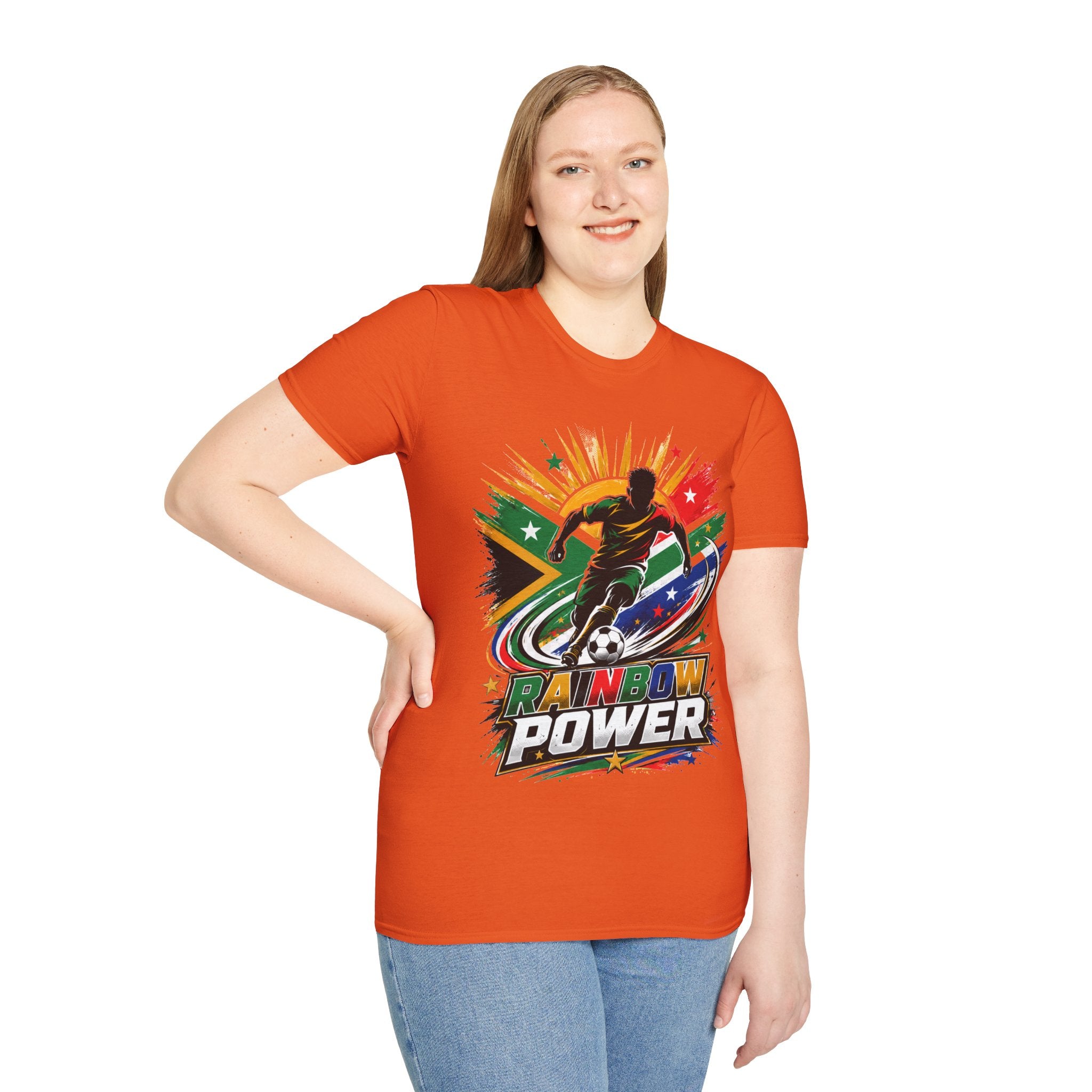 South Africa Soccer Rainbow Power T-Shirt — Colorful Football Player Graphic Tee
