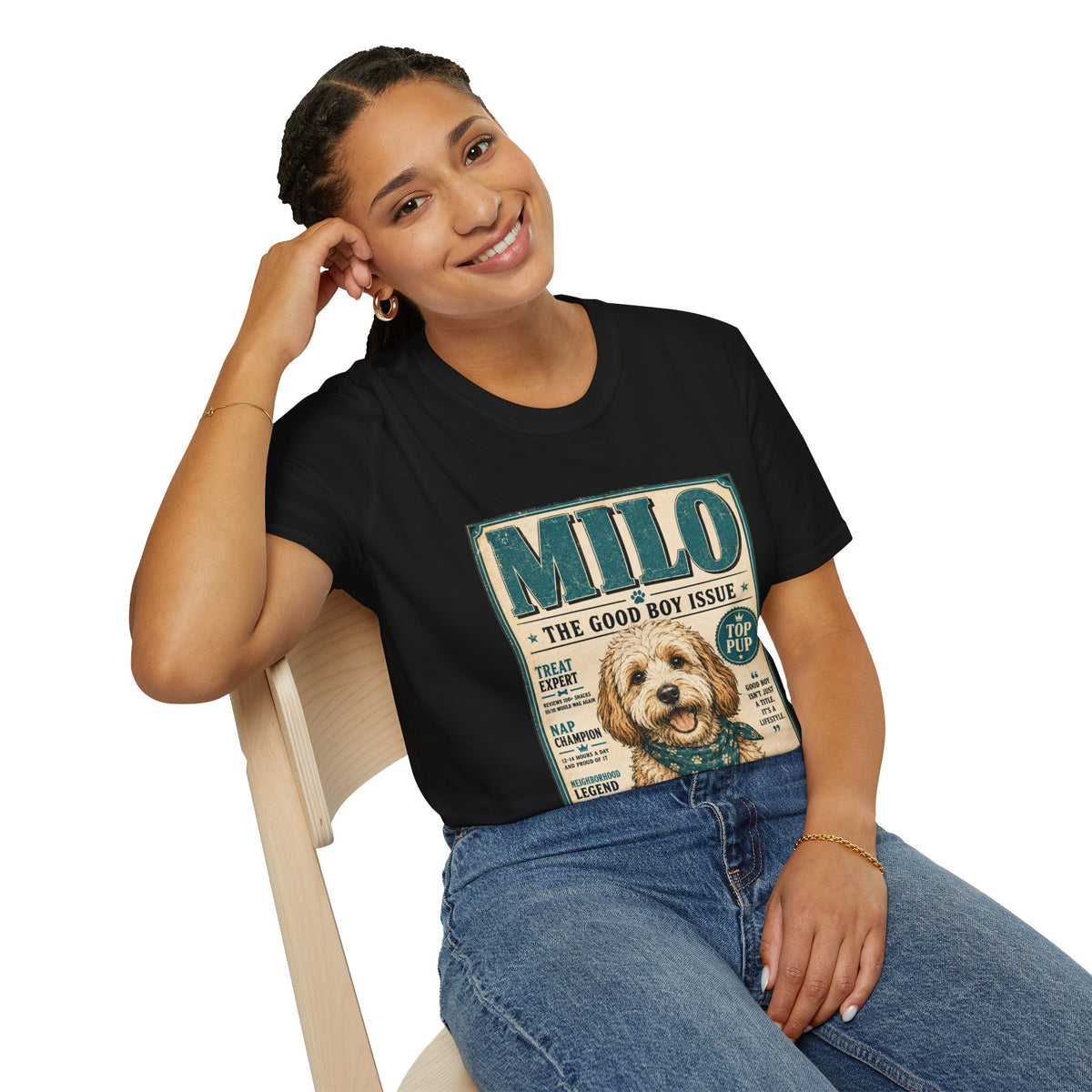 Milo 'The Good Boy Issue' Dog T‑Shirt — Vintage Puppy Magazine Design