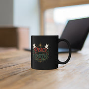 Peace on Earth Black Mug — Holiday Christmas Wreath Coffee Cup
